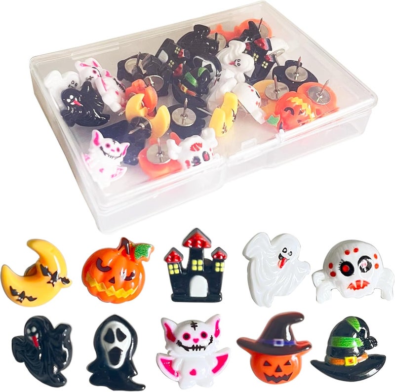 Supfoxer Halloween Push Pins- Fun Pumpkin, Ghosts Halloween Decorations Pins Resin Thumbtacks for Cork Boards,Photo Walls, Notice Boards, School Thumbtacks Supplies (30pcs) - Image 1